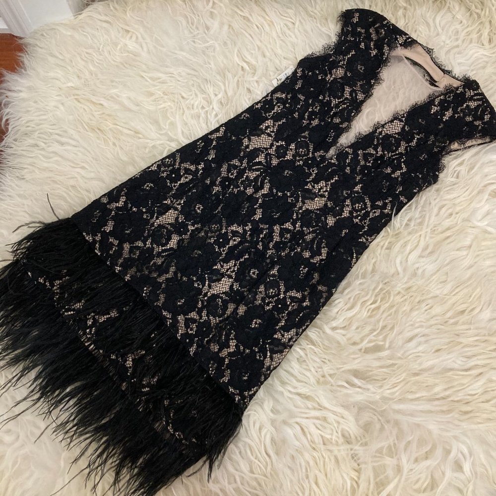 Aidan by Aidan Mattox V-Neck Cap-Sleeve Lace Cocktail Dress w/ Feather Hem - Picture 2 of 10